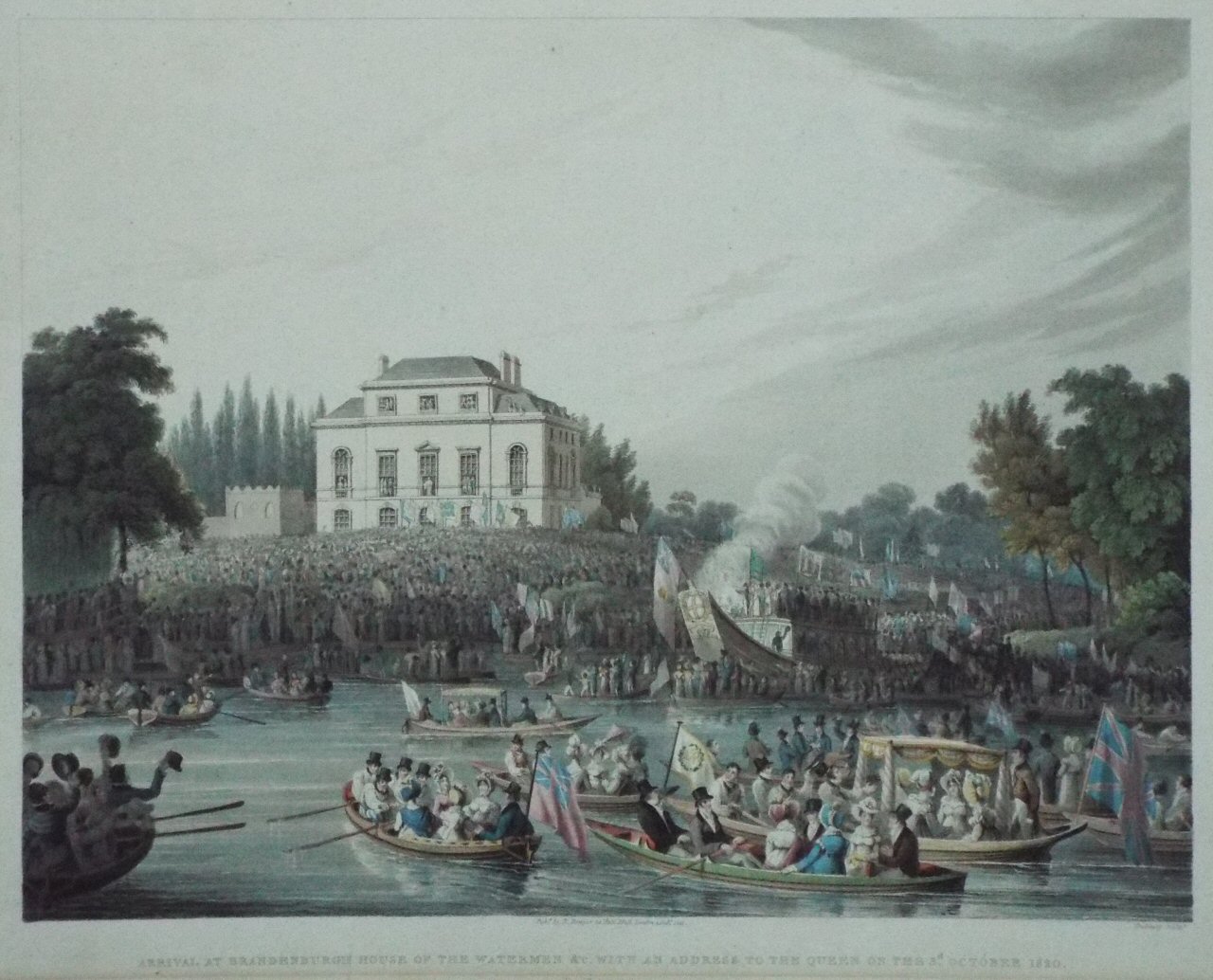 Aquatint - Arrival at Brandenburgh House of the Watermen &c. withan address to the Queen on the 3d. October 1820.